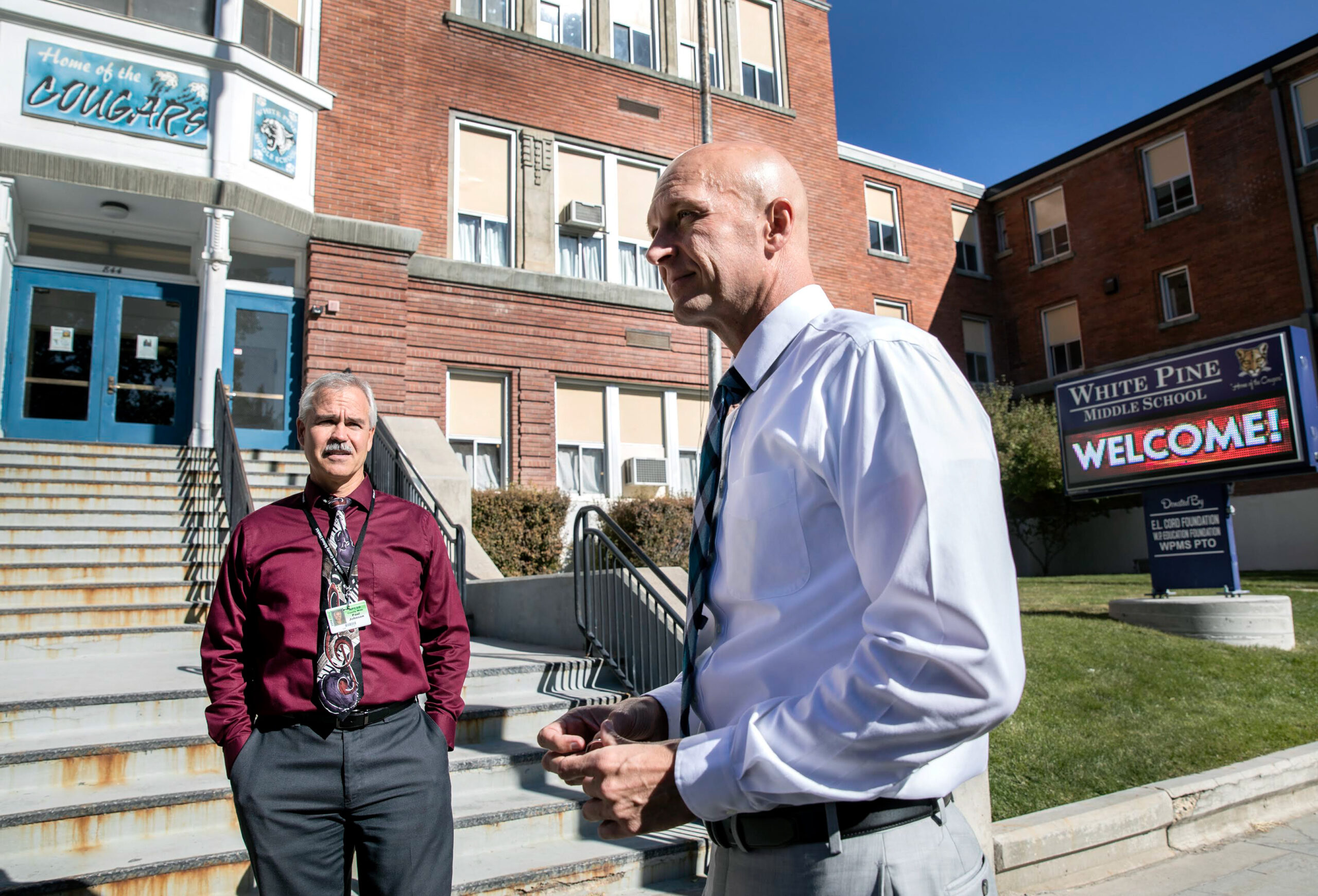 White Pine County School District Superintendent Adam Young, right, outside White Pine Middle School on Tuesday, Oct. 15, 2019. (Jeff Scheid/The Nevada Independent).